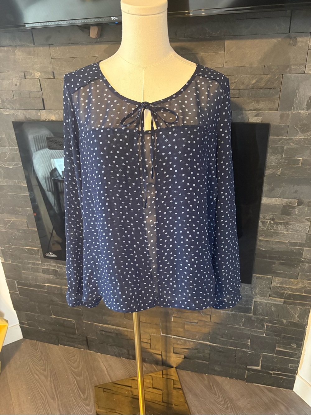 Reitmans Navy Blue Polka Dot Tie-Neck Blouse